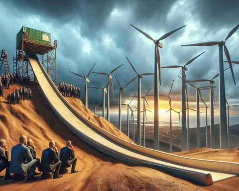 Realistic high-definition picture showing the metaphorical representation of the 'tough slide' faced by a wind energy company. The scene includes a backdrop of wind turbines standing tall against a dramatic sky. In the foreground, display a downhill slide, symbolizing the company's challenges. On the side, there's a group of people representing investors looking fretfully at the slide, depicting anxious predictions for the future.