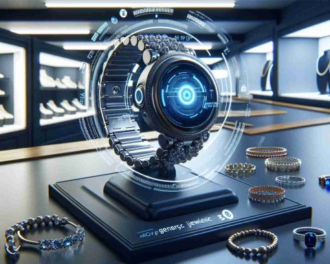 A realistic high-definition picture that symbolizes the concept of artificial intelligence changing a generic jewelry store forever with futuristic elements included. The image will depict a hint of what's next in the field, expanding the boundaries of technology and business interaction.