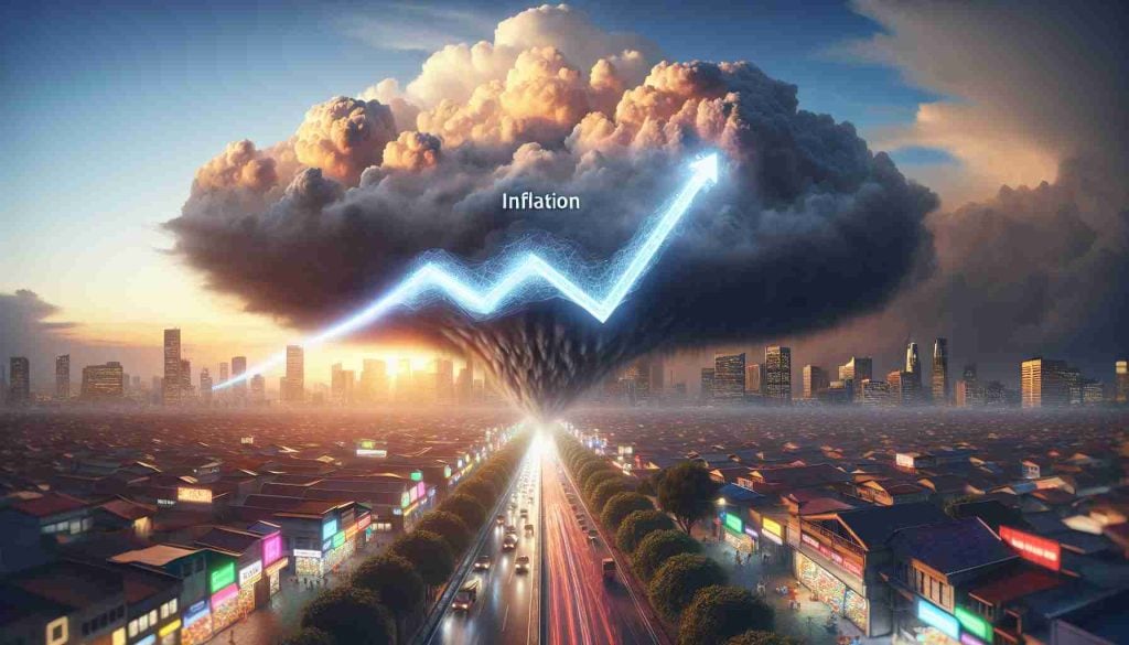 A realistic HD photo showing a symbolic representation of inflation fears easing. This could include a large, threatening storm cloud labelled 'Inflation' gradually fading away into the distance, symbolizing the decrease in inflation. Below, a bustling city with active businesses symbolizing the Producer Prices is shown. People may show expressions of relief and unexpected calmness. An upwards trending line graph labelled 'Economy' is seen in the background, possibly on a large screen on a building, indicating its stabilization. The scene should be filled with warm and calming colors to further emphasize the ease and stability.