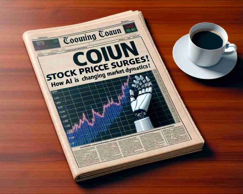 Create a high-definition, realistic image of a newspaper headline saying 'Coup for Coun: Stock Price Surges! How AI is Changing Market Dynamics'. The newspaper is laid out neatly on a mahogany desk, with a cup of steaming coffee to the side. The article includes a bar graph showing a steep upward trend of Coun's stock prices. Beneath the headline, there is a photo of a robot hand holding a stock market ticker tape, symbolizing the influence of AI on market dynamics.