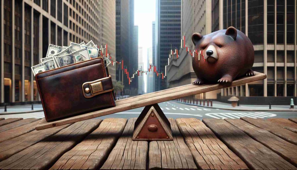 A realistic high-definition image representing the concept of record profits coinciding with sliding shares. This could be depicted as a large, plush, overflowing wallet symbolizing record profits on one side of a seesaw, with a bearish stock market chart representing falling shares on the other side. The seesaw is on an old wooden plank, slightly tilted towards the bearish market chart, against the background of a busy financial district street.