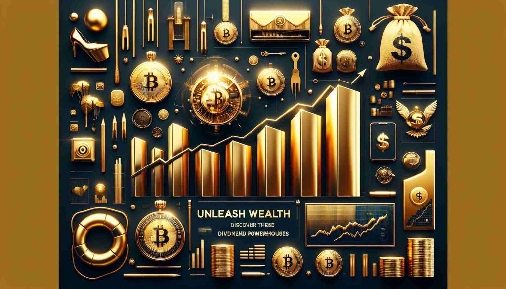 Generate a realistic, high-definition image associated with the concept of wealth. This image should include symbols such as gold, luxury items, and a bar chart showing growth. Incorporate the text 'Unleash Wealth: Discover These Dividend Powerhouses' prominently but tastefully in the design.