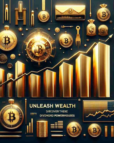 Generate a realistic, high-definition image associated with the concept of wealth. This image should include symbols such as gold, luxury items, and a bar chart showing growth. Incorporate the text 'Unleash Wealth: Discover These Dividend Powerhouses' prominently but tastefully in the design.