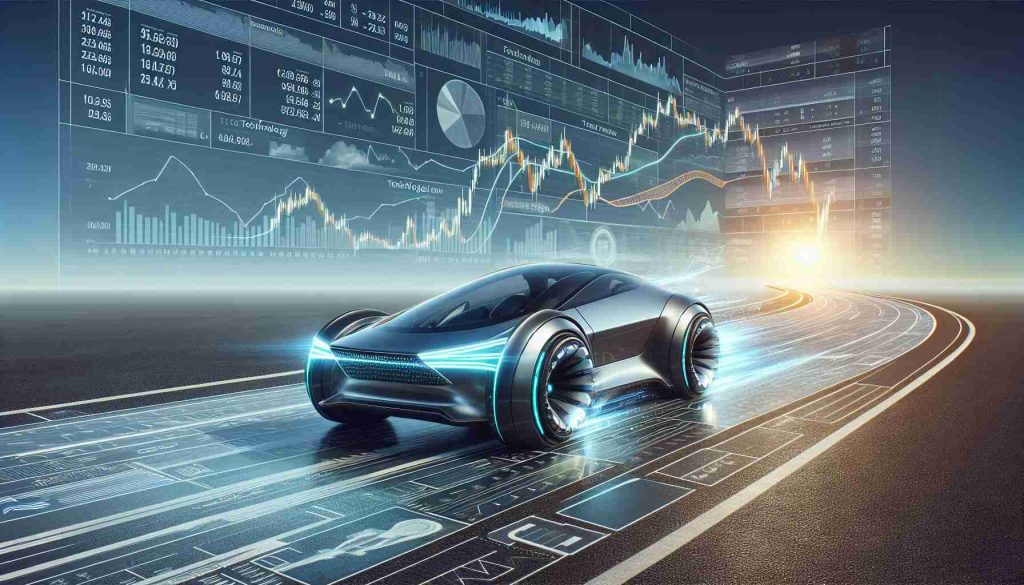 High definition, realistic image of a conceptual representation of the future of technology-focused stocks, symbolized by a futuristic electric vehicle with innovative features, mounted on a road paved with data charts, graphs and technical analysis indicators. The vehicle is speeding towards a bright horizon signifying continuous growth and progress. Add lettering next to the vehicle that reads: 'A New Era of Technological Innovation?'