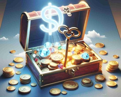 Generate a high-quality, realistic image of a key unlocking a chest filled with gold coins, gems and treasures. Floating above them is a semi-transparent monetary amount - $20, symbolizing the hidden profit potential beneath this value. The scene is set under a clear blue sky conveying a bright investing environment.