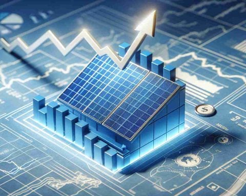 Realistic HD photo of a significant future plan by a major solar energy company, symbolized by a 3D model of a solar panel placed on a blue print. The impact of this move on the stock market, represented by a positive arrow moving upwards on a graph.