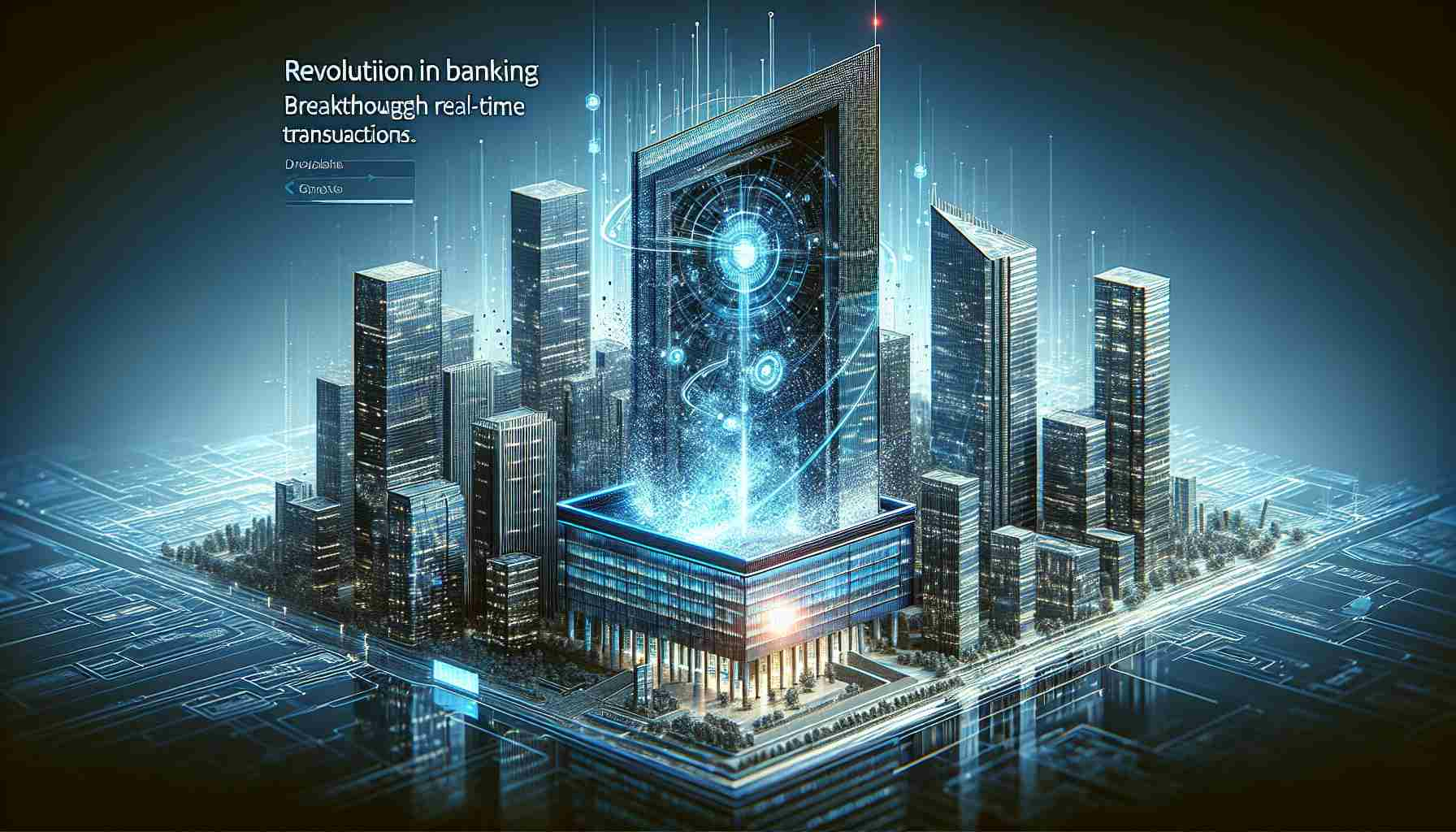 A detailed and high definition illustration of a revolution in banking, showcasing breakthrough real-time transactions, embodied in the form of a modern, abstract concept. Include a prominent skyscraper with tall glass windows reflecting the sky, symbolizing a major global bank. Do not depict any logos or copyrighted symbols. This imagery should communicate a game-changing shift in the world of finance and banking.