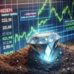 A high-definition, digitally created image depicting a 'hidden gem' concept in relation to a stock market update. A symbolically obscure precious stone is in the center, half buried in the dirt, glowing slightly. The backdrop is a stock market board showing upward and downward trends – demonstrating the uncertainty and volatility of the market. Near the gem, the words 'Latest Market Update' hover, suggesting intrinsic news about an under-discovered stock symbol, 'Timken NSE'.