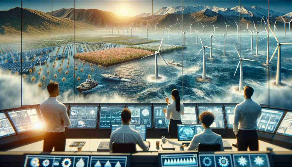 Create a realistic high-definition image showcasing the future of energy investment. The scene should not focus on solar and wind energy, which are commonly thought of. Instead, envisage other advanced technology such as tidal energy turbines deep in the ocean, geothermal power plants located near volcanic areas, and bioenergy crops growing on farmland. Include a high-tech command center where various energy sources are monitored on large screens, with a diverse group of professionals, including an Asian female bioengineer, a Caucasian male geologist, and a Hispanic female oceanographer diligently coordinating the operations.