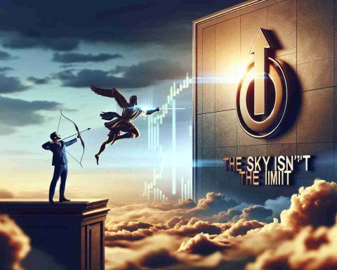 An HD photograph representing the concept of limitless possibilities. View the scene of an unknown company's stock symbol rising up, juxtaposed with a wide open sky symbolizing boundless potential. The company is represented by an archer ready to aim higher, embodying the company's upward trajectory. The text 'The Sky Isn't the Limit' is displayed as a motivating phrase. Note: The image should not include any recognizable company logos or trademarks.