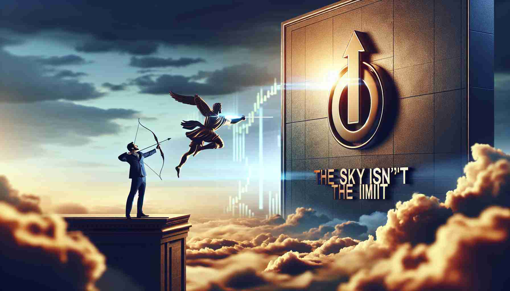 An HD photograph representing the concept of limitless possibilities. View the scene of an unknown company's stock symbol rising up, juxtaposed with a wide open sky symbolizing boundless potential. The company is represented by an archer ready to aim higher, embodying the company's upward trajectory. The text 'The Sky Isn't the Limit' is displayed as a motivating phrase. Note: The image should not include any recognizable company logos or trademarks.