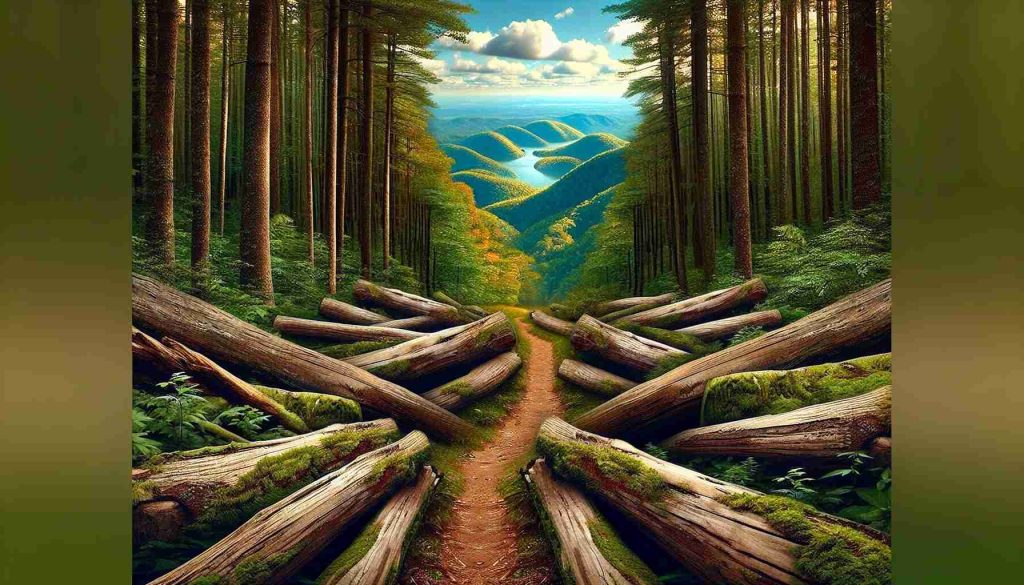 Generate a realistic, high-definition image that metaphorically represents 'Hidden Opportunities' and 'Unexpected Hurdles'. Picture this as a winding path through a dense forest. The path is filled with fallen logs and sudden turns, symbolizing the unexpected hurdles. Spectacular vistas revealing stunning landscapes beyond are sporadically visible through the vegetation, signifying hidden opportunities.