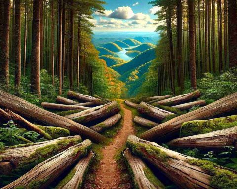 Generate a realistic, high-definition image that metaphorically represents 'Hidden Opportunities' and 'Unexpected Hurdles'. Picture this as a winding path through a dense forest. The path is filled with fallen logs and sudden turns, symbolizing the unexpected hurdles. Spectacular vistas revealing stunning landscapes beyond are sporadically visible through the vegetation, signifying hidden opportunities.