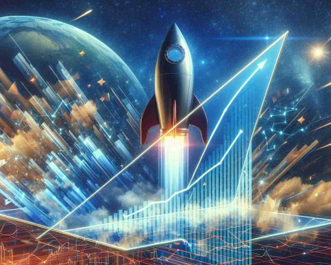 Generate a photo-realistic, high-definition image depicting the concept of 'new heights', symbolizing the success and growth of an unnamed technology company. This could be represented by a soaring rocket eidolon, climbing graph lines indicating the rise in stock value, or even shattering glass ceiling. Also, accentuate the notion that this opportunity represents a top choice for investors in the technology industry.