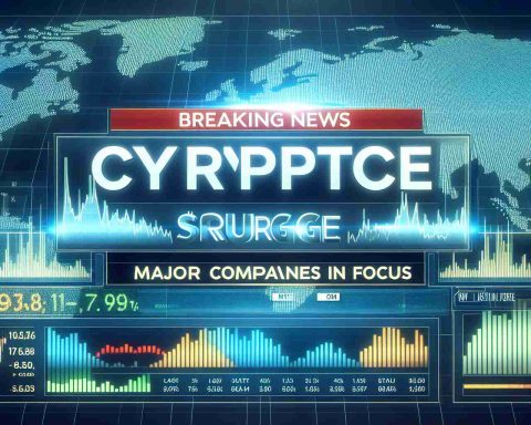 Create a realistic, high-definition image of a breaking news graphic. The headline reads: 'Crypto Stocks Surge! Major Companies in Focus.' The surrounding elements should include the typical look of a financial news broadcast, with rolling stock market tickers at the bottom, a bold headline at the top, and possibly a world map in the background to add a global perspective.