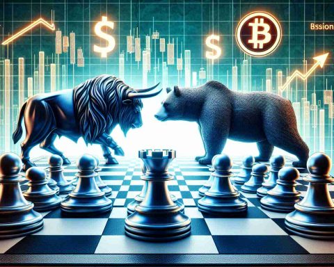 Generate a realistic HD image portraying a symbolic representation of a large cryptocurrency exchange facing new challenges. In the same image, include a section that visually represents the concept of 'Insider Moves or Market Warning'. Perhaps have a large bull and bear chess piece facing off on a chessboard to symbolize the bullish and bearish trends in the market. For the 'new challenges' part, include hurdles or barriers in the chessboard path, signifying potential obstacles.