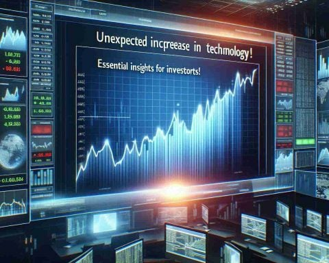 A high definition, realistically styled image showcasing a dramatic increase in the share prices of a technology company. The layout presents graphical representations of surging stock trends against a backdrop of digital screens and analytical charts. A heading reads 'Unexpected Increase in Technology Shares! Essential Insights for Investors', with a focus on the urgency and importance of the information for the investors.