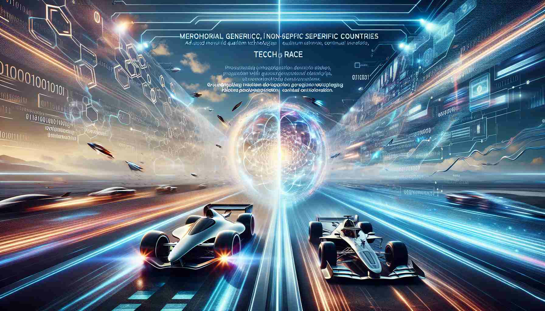 Create an image capturing a metaphorical tech race between two generic, non-specific countries. One side is characterized by advanced quantum technologies, symbolized by a futuristic racing car radiating with quantum energy. The other power is equally advanced, pushing ahead with ground-breaking technological developments. They are racing on a track that's suspended in a digital landscape reflecting continuous innovation. Integrate symbolism such as binary codes, circuit designs, and holographic projections into the backdrop. Please generate a realistic, high-definition photo.