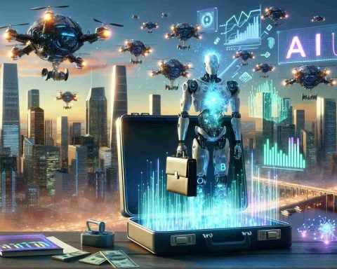 Realistic high-definition image of a conceptual scene representing an AI boom. Picture a futuristic cityscape with high-tech buildings and AI innovations prominent. On the skyline, set a giant, metallic AI robot symbolizing the rise of AI. The sky is filled with drones and digital signs displaying investment graphs and data points. In the foreground, an open briefcase filled with glowing, translucent holographic graphs implying lucrative investment opportunities. A digital neon sign in the sky reads 'The AI Boom is Back! Investing Secrets for 2025'.