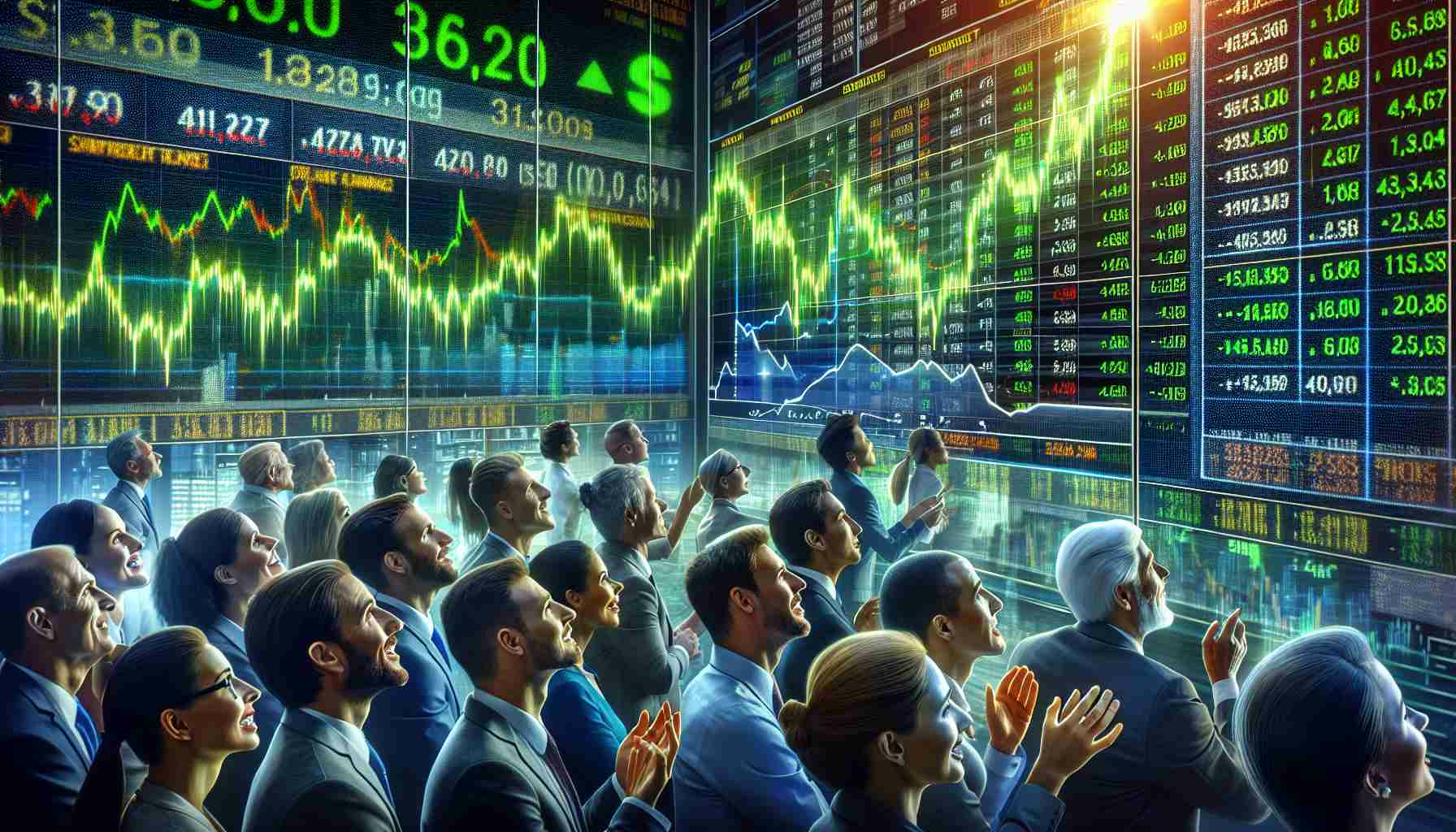 A high-definition, realistic image of a vibrant stock market scene. Details include electronic stock market boards glowing with green numbers indicating an upward trend. People of various descents, including Caucasian, Hispanic, and Middle-Eastern, both men and women, are watching the boards intently, expressing optimism and excitement. Elsewhere in the scene, financial charts and diagrams on computer screens reveal in-depth analysis of inflation trends.