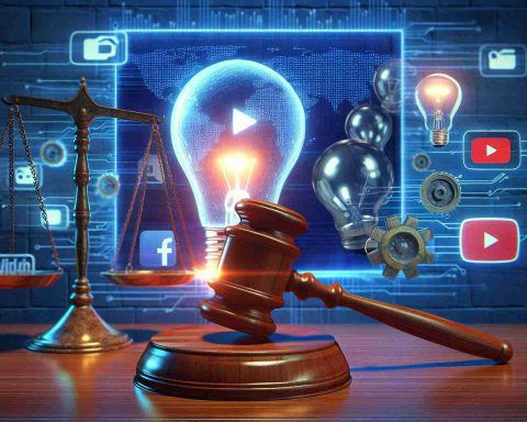 Generate a realistic HD image that depicts a metaphorical representation of a major court decision that could significantly alter the future of a popular video-sharing social networking service. The scene can include a gavel indicating a court decision, a light bulb slowly dimming to represent the 'going dark' aspect, and an abstract representation of the social networking service in the background.