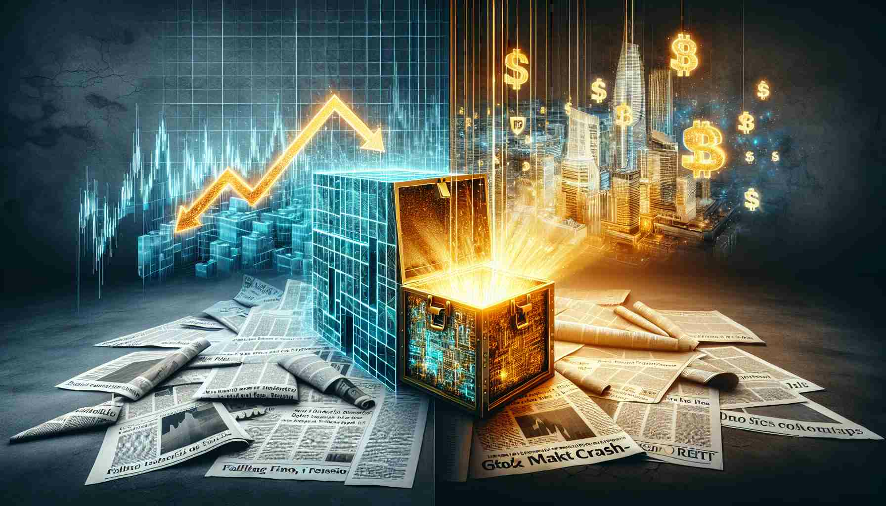 Create an image showcasing the contrasting concepts of 'Stock Market Crash' and 'Golden Opportunity' within the context of real estate investment trusts (REITs) using symbolic representations. On the left side, depict a plummeting graph arrow representing the 'Stock Market Crash', surrounded by newspaper headlines of falling prices, financial tension, etc. On the right side, illustrate the 'Golden Opportunity', perhaps through an open treasure chest glowing with golden light. As a central feature, include a futuristic digital building signifying 'DigiCo REIT'.