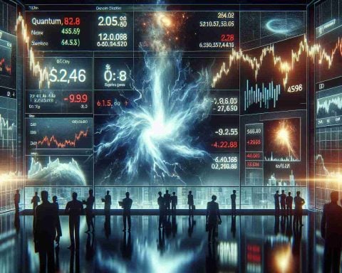 A high-definition, realistic image showcasing a dramatic scene at a stock market. The displayed statistics and figures indicate a plunge in quantum tech stocks, sparked by the bold prediction of a tech CEO, creating market turmoil. This is exemplified through traders showing visible signs of stress, stock price charts showing abrupt drops, and digital displays blinking with red negative numbers.