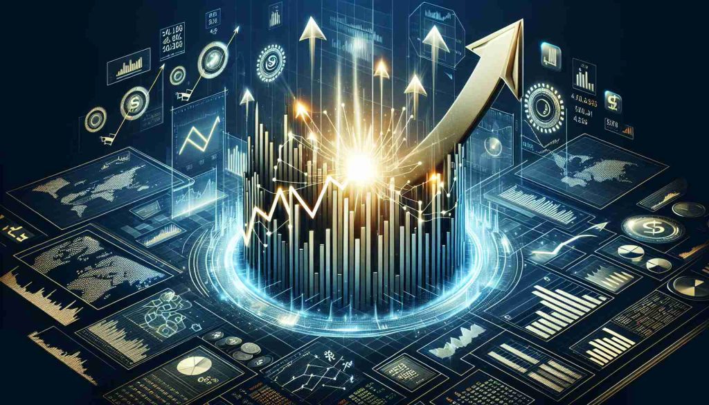 Generate a realistic High-Definition image illustrating the concept of a 'stock market surge', signifying optimal investment opportunities at the moment. The image should incorporate elements like rising graphs, arrows pointing upwards, stock market tickers, and other relevant financial symbols, ensuring that all visual elements effectively convey a sense of flourishing investment conditions.