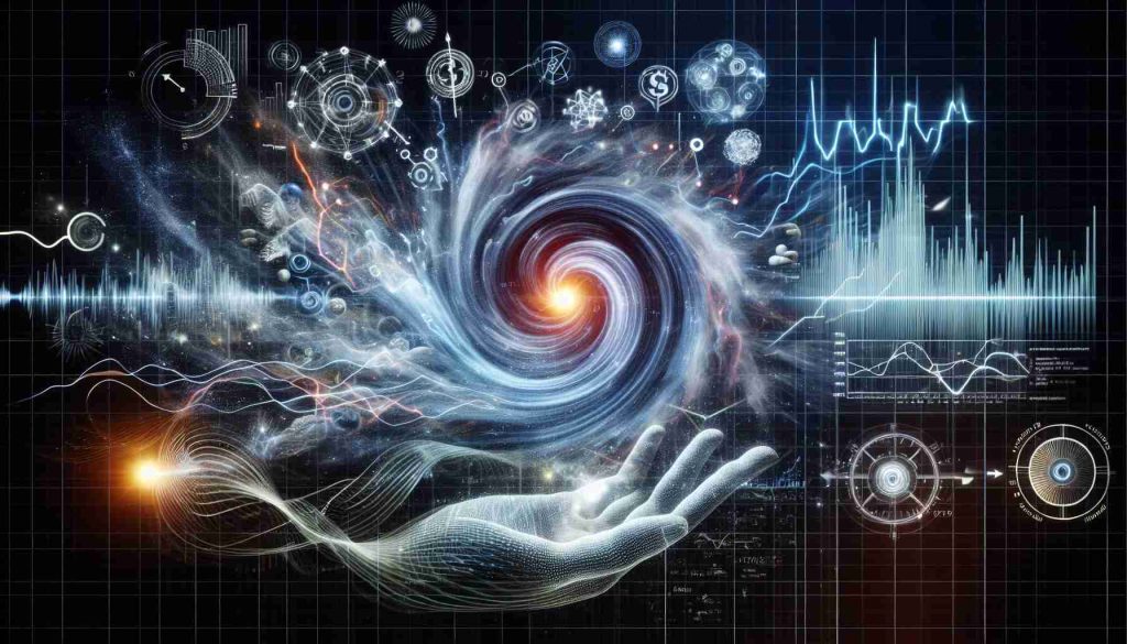 Visual representation of unseen forces that drive market shifts in a realistic HD manner. The image depicts the concept as if it were a quantum leap or mere noise. Representative imagery can include differing financial indicators, swirling energy, fluctuating graphs, and abstract symbols to represent market changes.