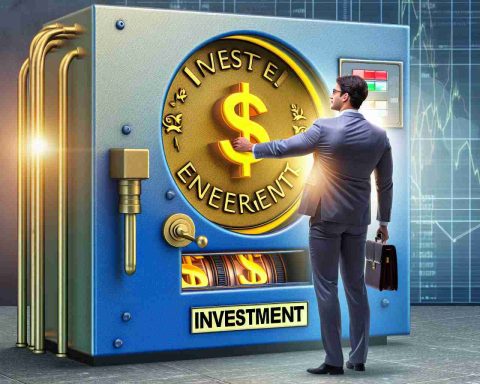 Generate a high-definition, realistic image depicting the concept of a successful businessman betting significant funds on an energy company, represented by a symbolic scenario such as the businessman (of South Asian descent) placing a giant golden coin labeled 'Investment' into a slot of a large machine, which is branded with renewable energy symbols.