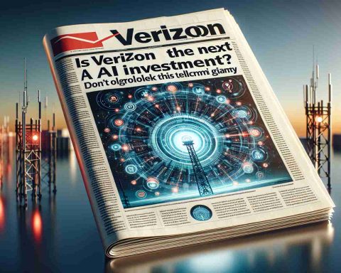 Realistic high-definition image of a newspaper headline reading 'Is Verizon the Next Big AI Investment? Don’t Overlook This Telecom Giant' with an illustrative background hinting at telecommunication towers and symbols representing artificial intelligence.