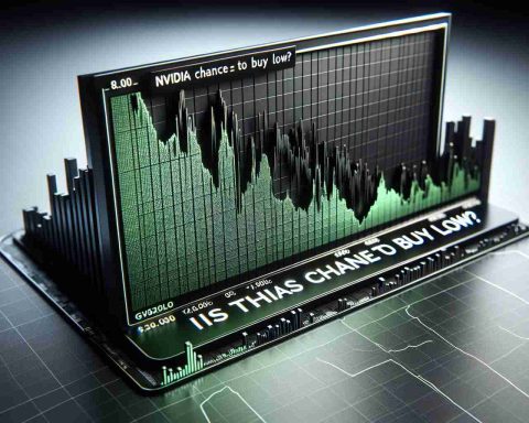 A high-resolution, realistic representation of a stock market graph, prominently showing a significant dip. The graph is labeled 'NVIDIA Stock.' Below it, a headline reads 'Is This Your Chance to Buy Low?' The imagery should emphasize a sense of opportunity and potential for investment.