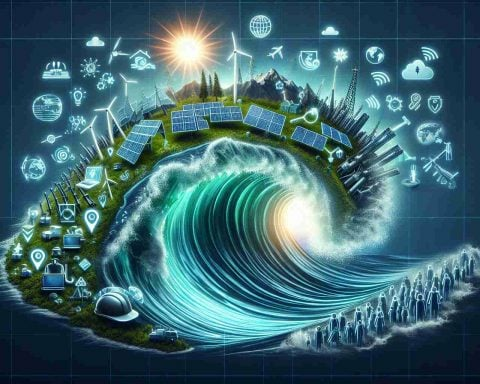 Create a realistic HD image visualizing the concept of green energy's ripple effect. Picture a wave emanating from a symbol or icon representing renewable energy (solar panels, wind turbines, etc.) spreading across a global map. Within this ripple effect include depictions of various diverse job industries, symbolized by different career icons (a hardhat for construction, a stethoscope for hospital jobs, etc...) growing and prospering in its wake.
