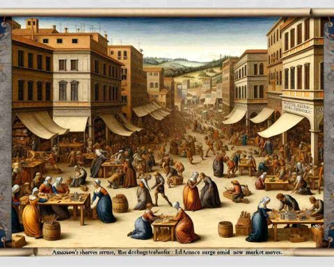 Generate a high-definition image of a scene inspired by the Italian Renaissance, possibly showing a bustling market square with people bartering goods, artists painting, and children playing. Visible in the scene is a Renaissance-style scroll unfurling and displaying the news headline 'Amazon's Shares Surge Amid New Market Moves.'