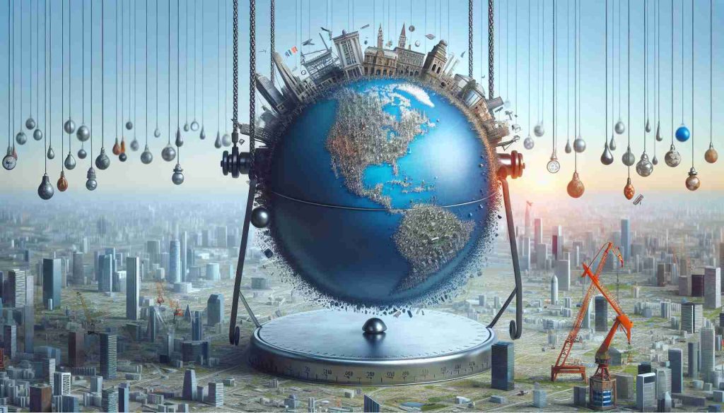 Create a realistic, high-definition image representing the concept of 'The Economic Pendulum Swings'. The image should depict a large pendulum swinging against the backdrop of a complex economic landscape featuring various global industries. Arrange the landmarks and symbols of different economies in such a way that they seem to be affected by the jolt from the swing, thereby creating a metaphorical representation of the impact on global investments. Please avoid specific financial institutions or recognizable logos in this portrayal.