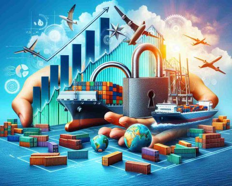 Create a detailed and realistic high definition image that represents the concept of 'Unlock Massive Gains!' This should include imagery symbolic of success and growth in the shipping industry such as a rising graph, a secure padlock being unlocked, stacks of shipping containers, and a big cargo ship sailing in the open sea. Please ensure the colors are vibrant and the picture exudes positivity and opportunity.