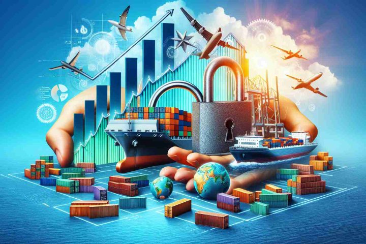 Create a detailed and realistic high definition image that represents the concept of 'Unlock Massive Gains!' This should include imagery symbolic of success and growth in the shipping industry such as a rising graph, a secure padlock being unlocked, stacks of shipping containers, and a big cargo ship sailing in the open sea. Please ensure the colors are vibrant and the picture exudes positivity and opportunity.