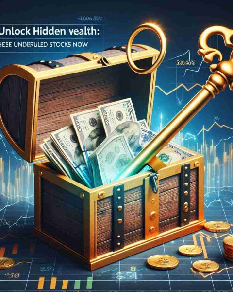 Realistic high-definition conceptual image showing the concept of unlocking hidden wealth. The image should include a metaphorical golden key unlocking a treasure chest filled with symbolically undervalued stocks. Use graph charts, money symbols, and other financial images to represent 'investing'. Please make sure to include the text 'Unlock Hidden Wealth: Invest in These Undervalued Stocks Now' at the top or bottom of the image.