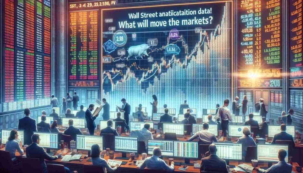 Create an image capturing a busy Wall Street scene with people studying data and charts on large screens, analyzing the financial market trends and projections. Include a ticker tape display showing a fluctuating stock market, and hint at the anticipation for important upcoming inflation data. A headline on a nearby financial newspaper should read: 'Wall Street Anticipates Key Inflation Data! What Will Move the Markets?'