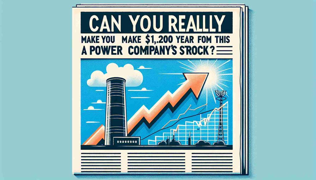 Illustration of a newspaper clipping or article headline stating 'Can You Really Make $1,200 a Year from This Power Company’s Stock?' in bold typography, with an accompanying image of a symbolic stock market graph showing upward trends on one side, and a power plant or electricity icon on the other. The overall visual should have a realistic HD photo aesthetic.