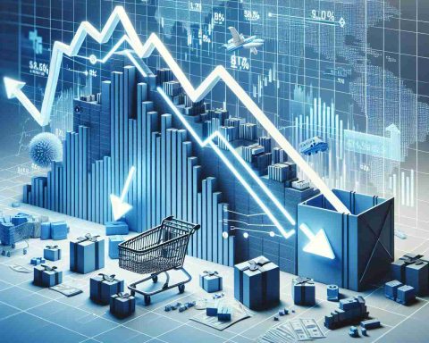 Generate a high definition, realistic image representing the concept of a large retail company's stock taking a hit and the potential for it to bounce back. Include visualization of downward and upward arrows along with a stock market graph to illustrate this. Also represent the retail aspect through elements such as shopping carts, store buildings, and consumer goods.