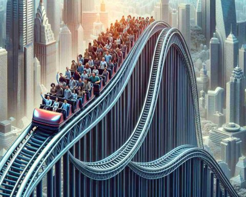 Create a highly detailed, realistic image that illustrates the concept of Asian financial markets experiencing a metaphorical rollercoaster of gains and losses. This could be symbolized by a rollercoaster car on an undulating track, full of people of different genders and Asian descent, representing investors. The background should reflect an urban setting suggestive of a bustling, technologically advanced financial district.