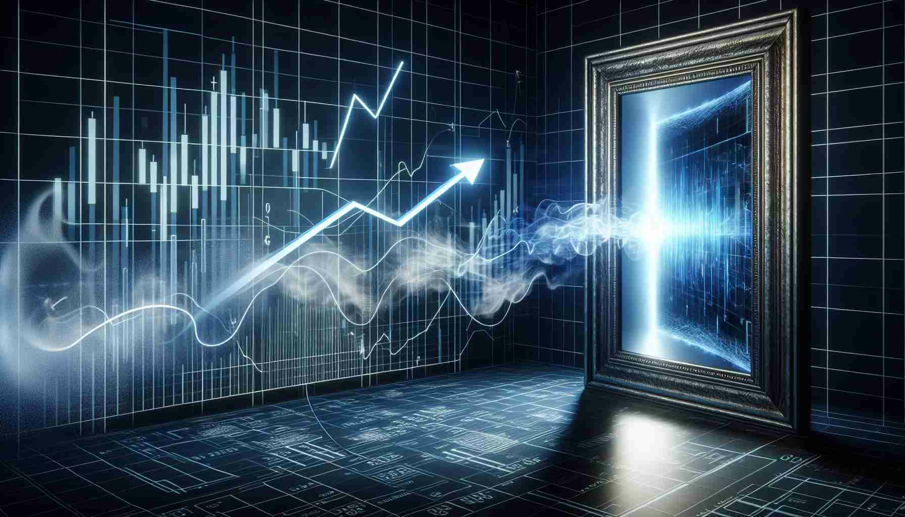 A high-definition, realistic image capturing the theme of 'Quantum Stocks Surge, But Is It Smoke and Mirrors?'. The image could contain a digital display showing surging statistics (to represent quantum stocks), and a mirror reflecting these numbers. To increase the element of mystery, fluctuating lines on the display could be represented in the form of smoke. Also, a part of this image should depict a possible interpretation of 'the Real Future Behind the Hype' - it could be an image of a bright path or door, indicating a promising future in the midst of uncertainty.