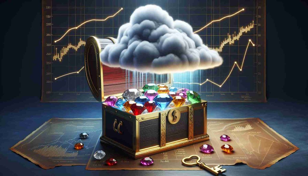 Realistic high-definition image representing the concept of 'Unlocking Cloud Stocks: The Hidden Gems You Must Know'. Display a grand treasure chest, with its lid wide open, revealing several gemstones in a variety of colors, each gemstone is labeled with financial symbols. Above the chest, represent the 'cloud' concept with a dramatic, voluminous cloud floating, from which a golden key is descending towards the chest. Create a backdrop related to stocks, perhaps line graphs and bar charts indicating growth.