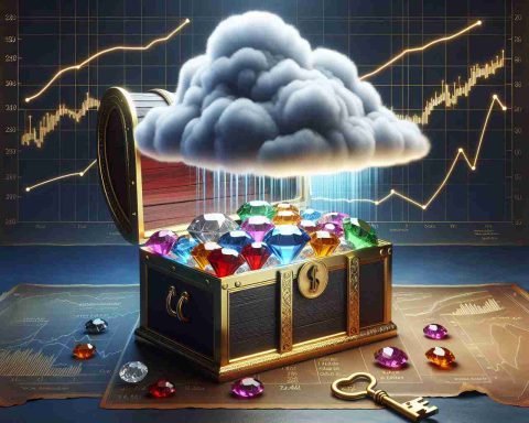 Realistic high-definition image representing the concept of 'Unlocking Cloud Stocks: The Hidden Gems You Must Know'. Display a grand treasure chest, with its lid wide open, revealing several gemstones in a variety of colors, each gemstone is labeled with financial symbols. Above the chest, represent the 'cloud' concept with a dramatic, voluminous cloud floating, from which a golden key is descending towards the chest. Create a backdrop related to stocks, perhaps line graphs and bar charts indicating growth.