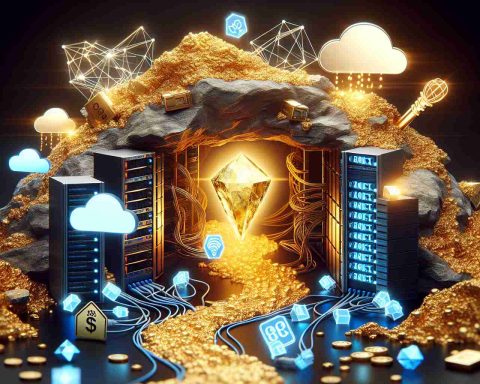 A high-definition, realistic image of the metaphorical 'Data Center Gold Rush'. Capture the essence of this concept by picturing a gold mine, where instead of gold, Ethernet cables, cloud icons, server racks, and flashes of binary code are being unearthed. Feature a symbolic representation of a 'hidden gem', like a glowing, precious stone embedded in a massive data server, signifying the potential of a not-well-known corporation in the data industry.