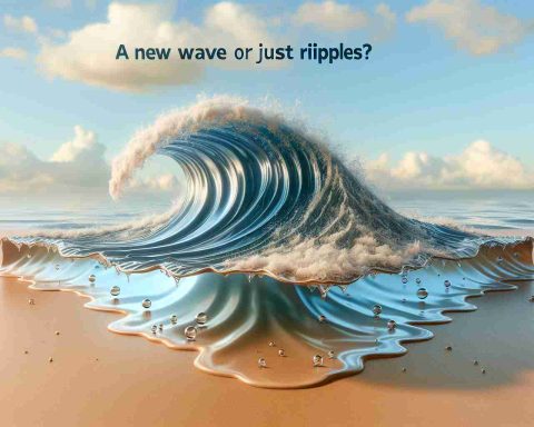 Realistically designed HD image depicting the concept of 'A New Wave or Just Ripples?', symbolically represented with the imagery of an ocean wave breaking onto shore with small ripples spreading out on the beach surface. The phrase 'A New Wave or Just Ripples?' is clearly visible in a thought-provoking font. Please ensure the image is tied to the theme of analyzing the impact and significance of an unidentified digital financial platform.