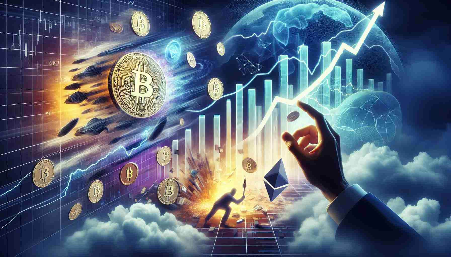 A highly detailed, high-definition image showing a metaphorical representation of the cryptocurrency market undergoing a shake-up. This should be conveyed through visual elements such as graphs showing rapid price changes, symbols of major cryptocurrencies like Bitcoin and Ethereum, and symbolic depictions suggestive of upheaval or unpredictability. To illustrate the element of 'unexpected influence', include a depiction of a generic, unidentifiable public figure exerting an influence on the scene, perhaps by waving a hand or casting a shadow over the market's symbols.