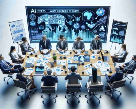 Depict a realistic high-definition image representing the concept of a diverse group of investors discussing artificial intelligence (AI) stocks enthusiastically. Show them around a conference table strewn with various financial documents, charts, and graphs. Include a large screen at the end of the table with the phrase 'AI Stocks: What You Need to Know' displayed.