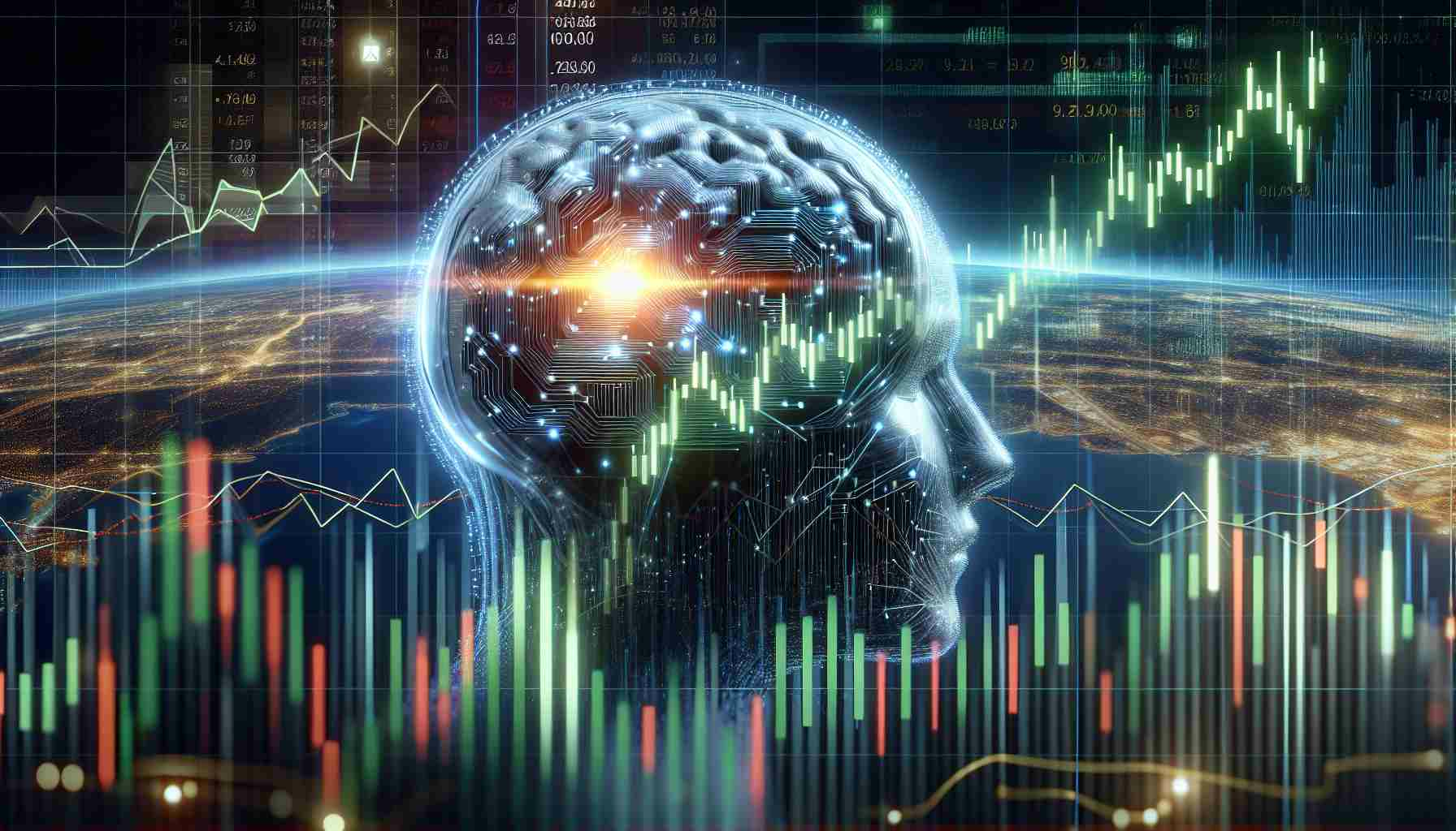A high-definition realistic photo of a booming artificial intelligence landscape with an overlay of stock market graphs indicating significant gains. The graph should display a bullish trend for a technologically oriented, hitherto overlooked stock, with indicators suggesting the potential for an even larger breakout.